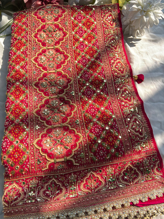 Bridal Red Dseigner Saree with Heavy Embroidery & Pearl Border