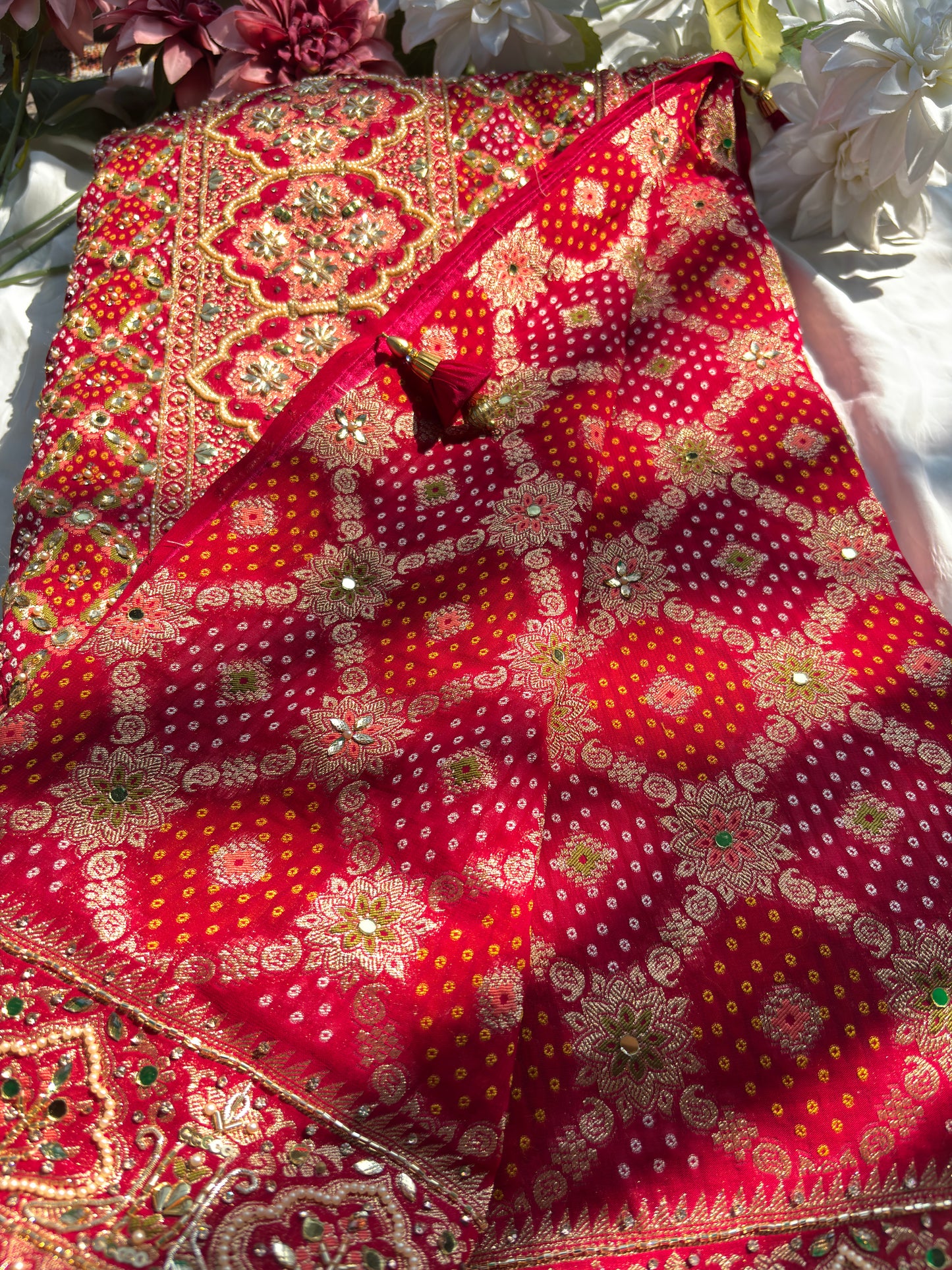 Bridal Red Dseigner Saree with Heavy Embroidery & Pearl Border