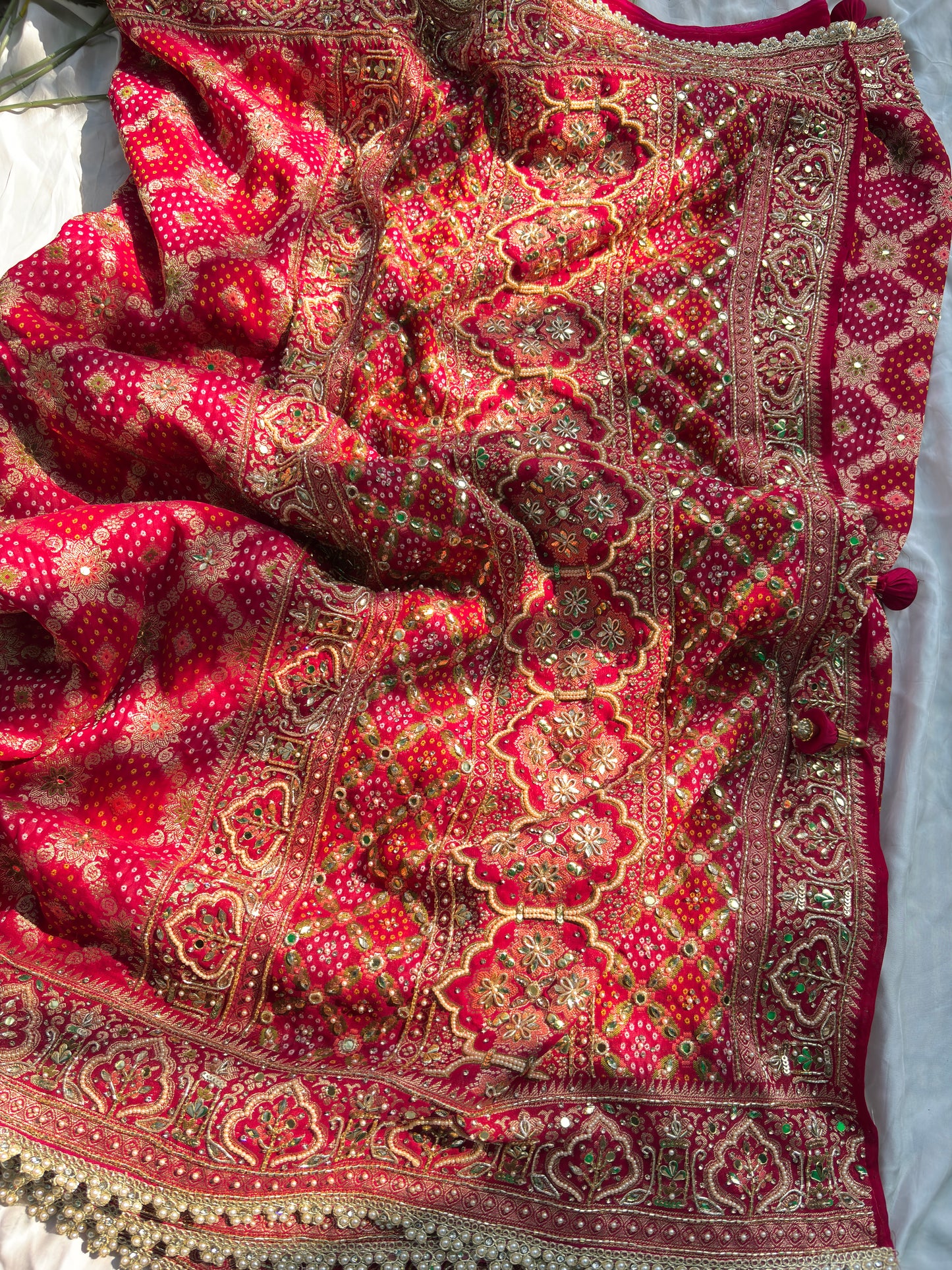 Bridal Red Dseigner Saree with Heavy Embroidery & Pearl Border