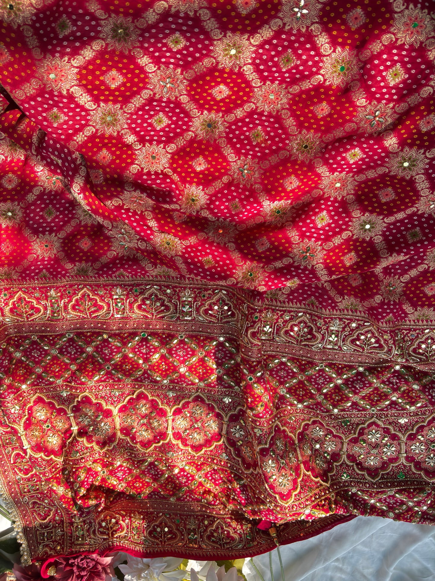 Bridal Red Dseigner Saree with Heavy Embroidery & Pearl Border