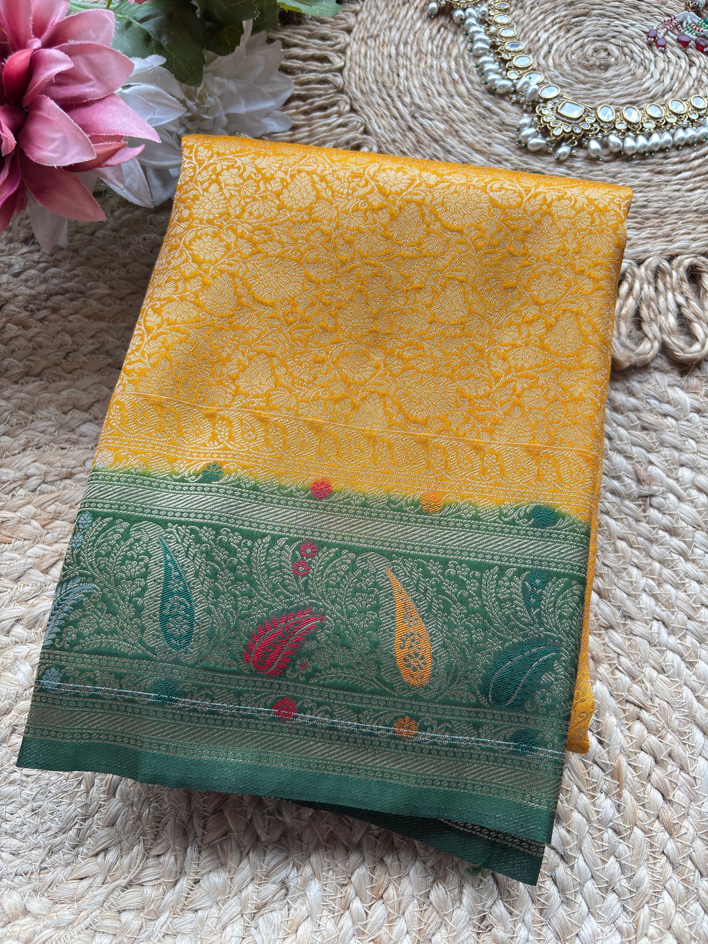 Mustard Yellow Banarasi Kanchipuram Silk Saree with Green Zari Border
