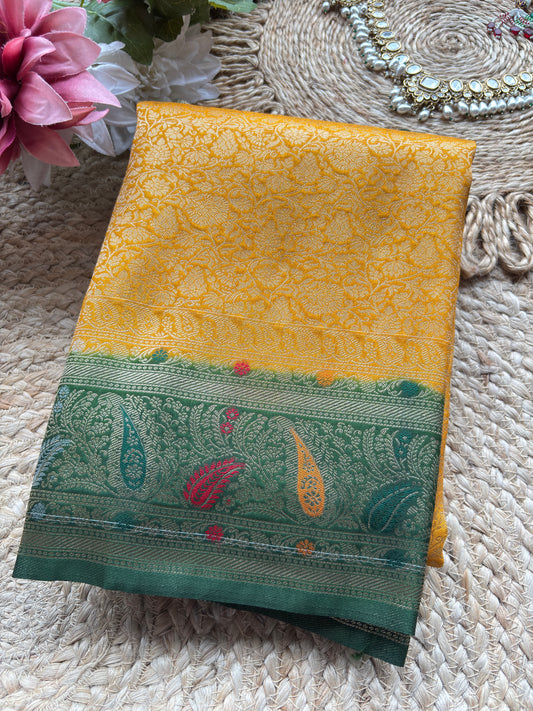 Mustard Yellow Banarasi Kanchipuram Silk Saree with Green Zari Border
