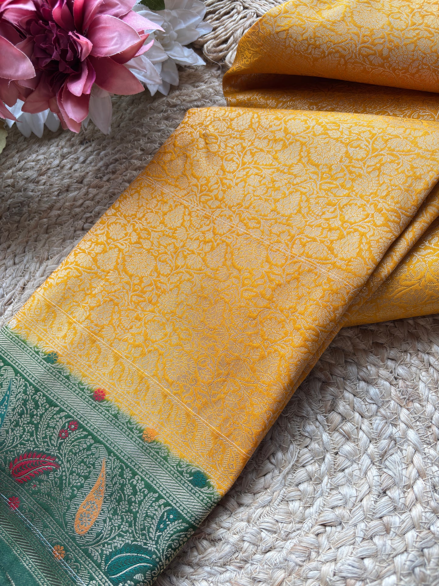 Mustard Yellow Banarasi Kanchipuram Silk Saree with Green Zari Border