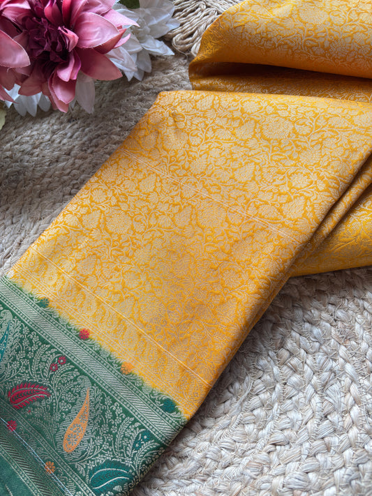 Mustard Yellow Banarasi Kanchipuram Silk Saree with Green Zari Border