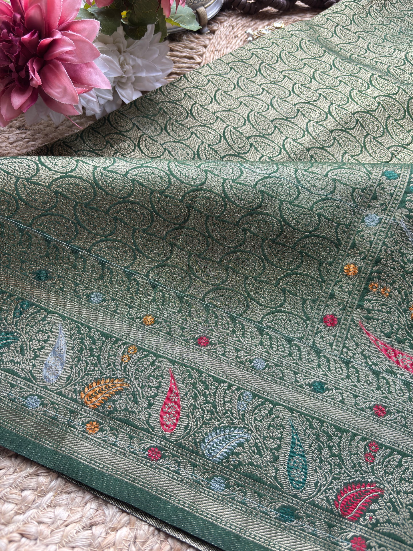 Mustard Yellow Banarasi Kanchipuram Silk Saree with Green Zari Border