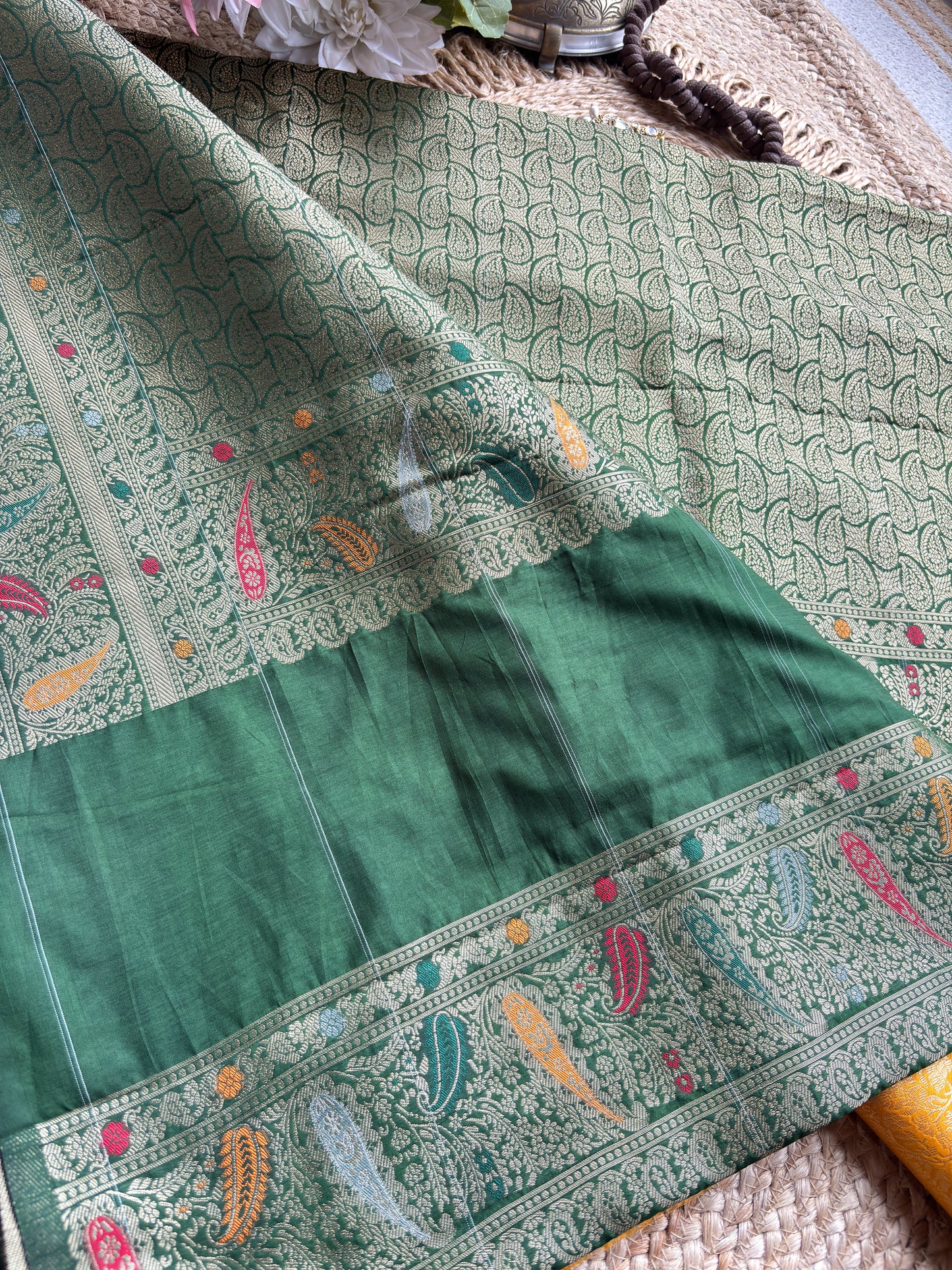 Mustard Yellow Banarasi Kanchipuram Silk Saree with Green Zari Border