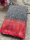 Navy Blue Banarasi Kanchipuram Silk Saree with Green Zari Border