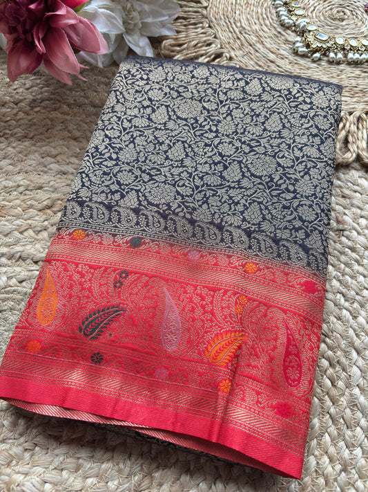 Navy Blue Banarasi Kanchipuram Silk Saree with Green Zari Border