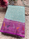 Sky Blue Banarasi Kanchipuram Silk Saree with Green Zari Border