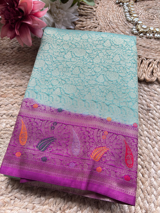 Sky Blue Banarasi Kanchipuram Silk Saree with Green Zari Border