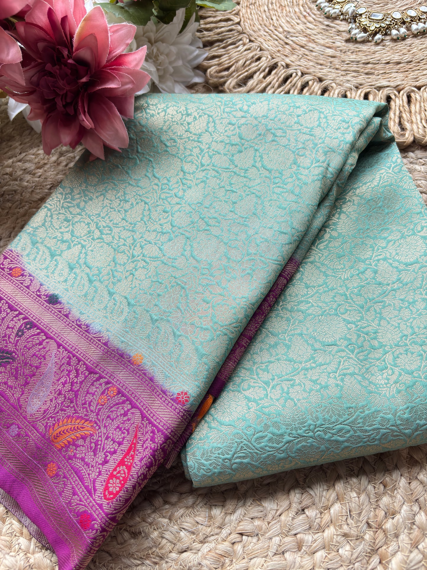 Sky Blue Banarasi Kanchipuram Silk Saree with Green Zari Border