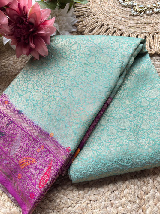 Sky Blue Banarasi Kanchipuram Silk Saree with Green Zari Border
