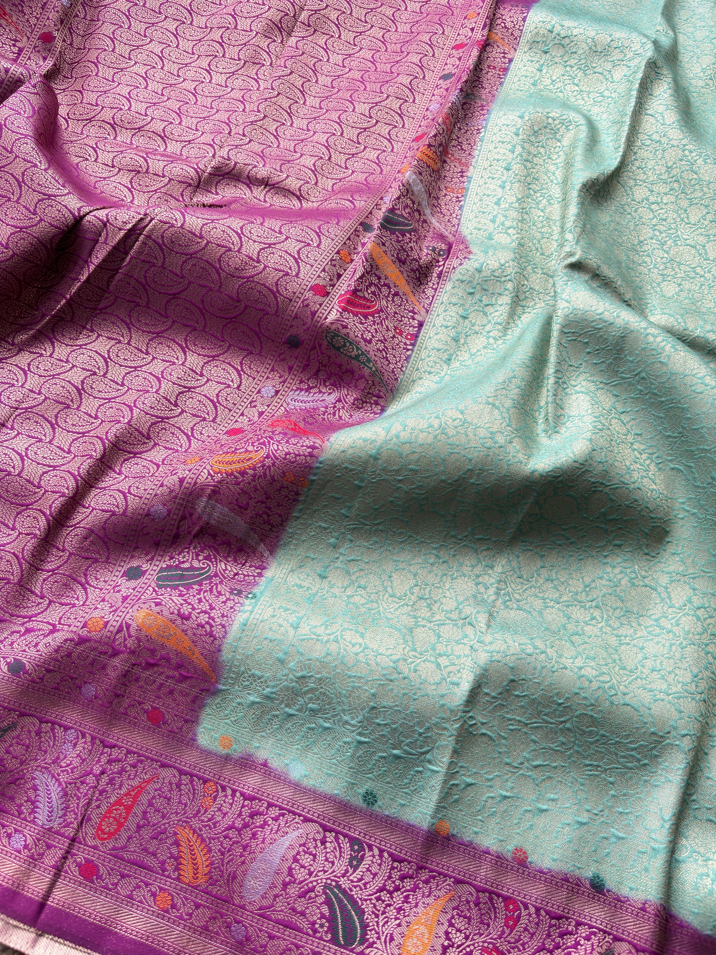 Sky Blue Banarasi Kanchipuram Silk Saree with Green Zari Border
