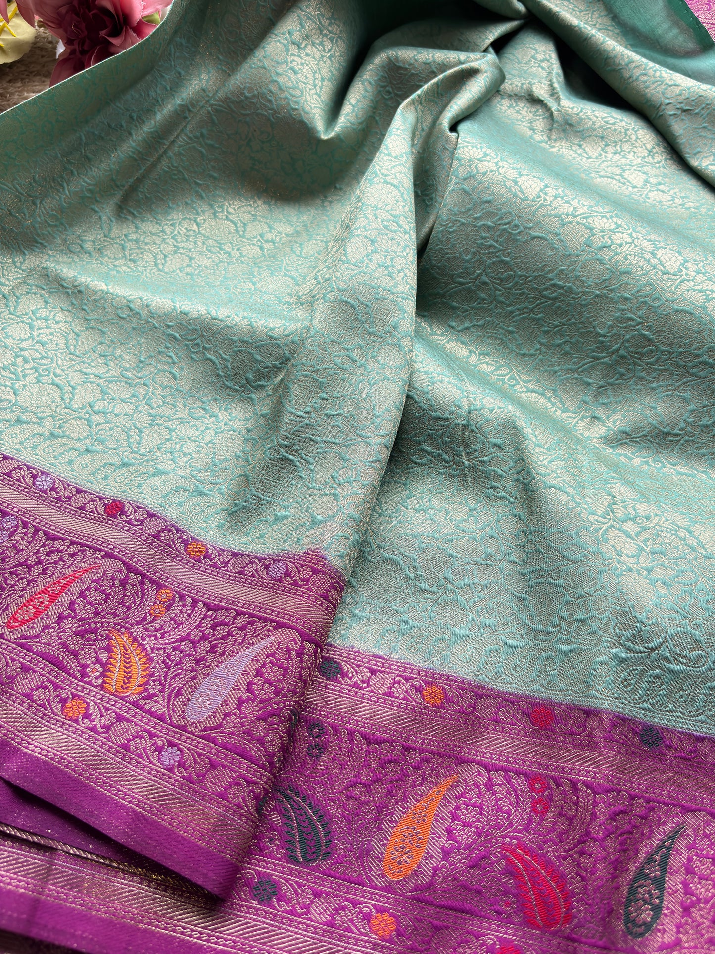 Sky Blue Banarasi Kanchipuram Silk Saree with Green Zari Border