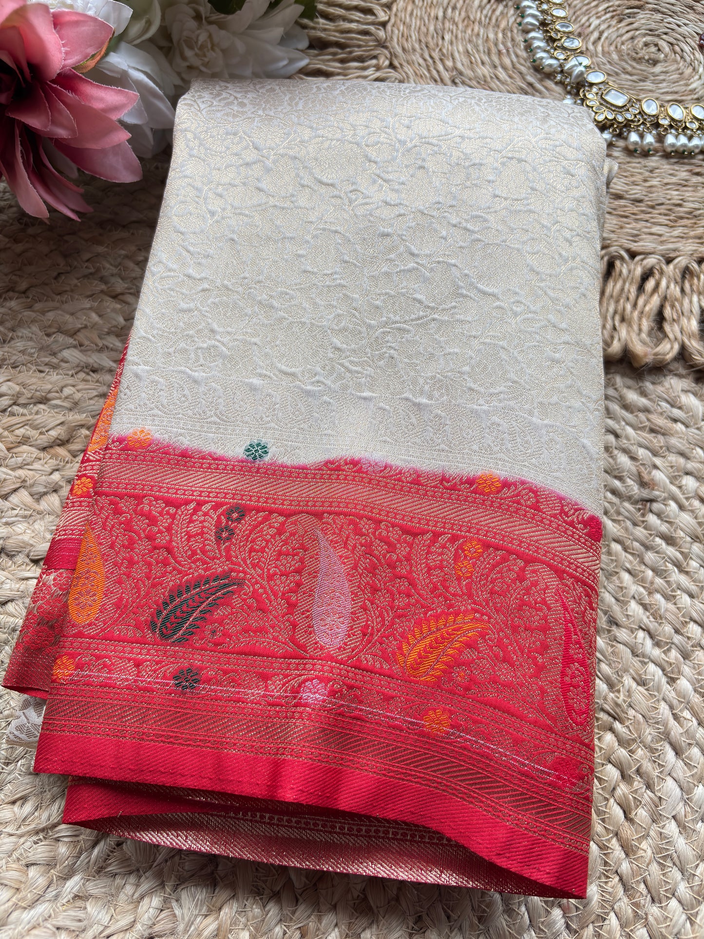 Ivory Banarasi Kanchipuram Silk Saree with Green Zari Border