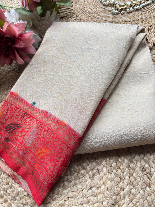 Ivory Banarasi Kanchipuram Silk Saree with Green Zari Border
