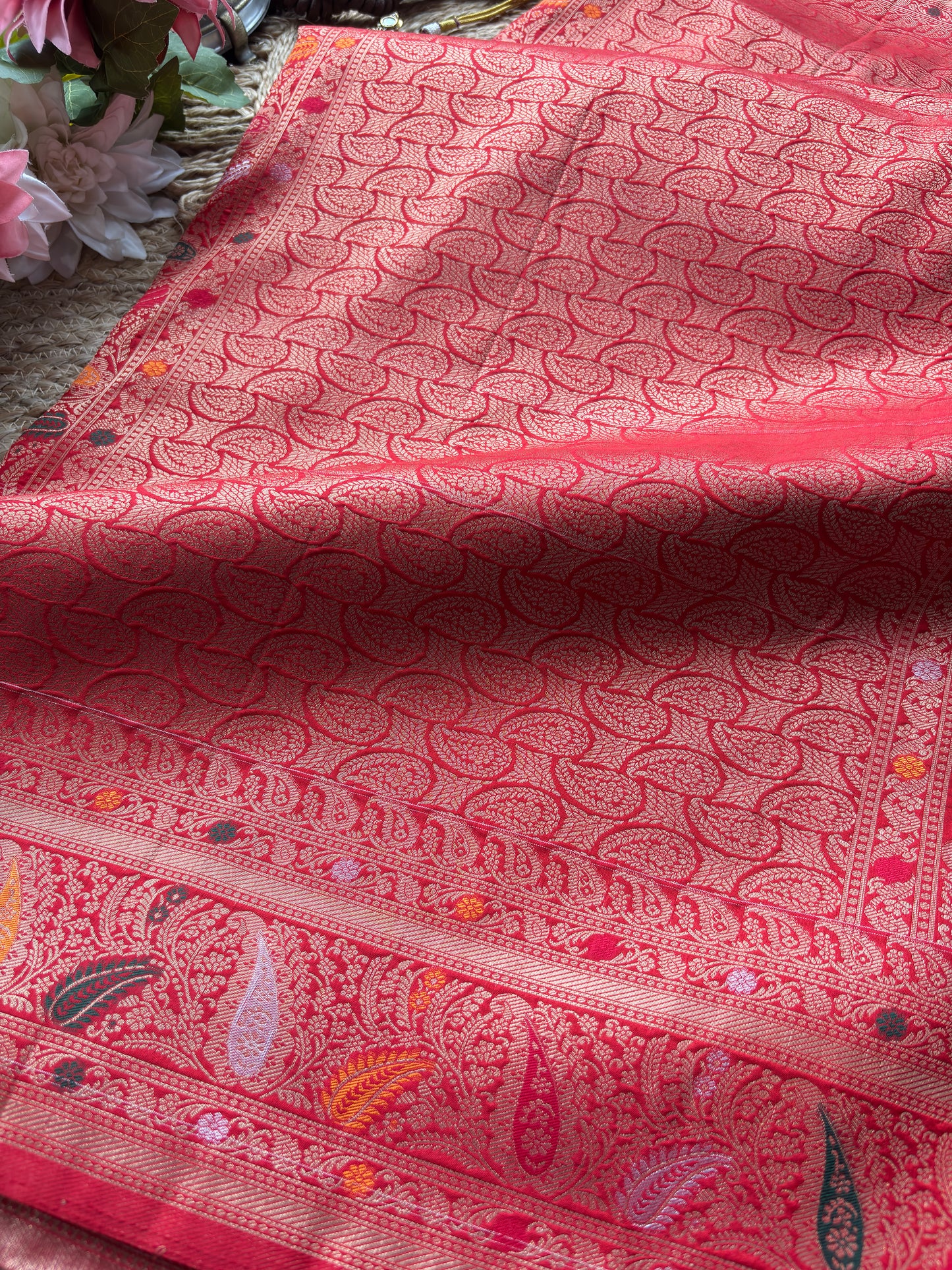 Ivory Banarasi Kanchipuram Silk Saree with Green Zari Border
