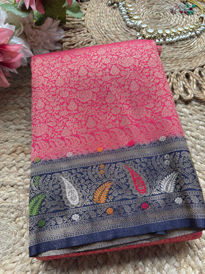 Pink Banarasi Kanchipuram Silk Saree with Green Zari Border