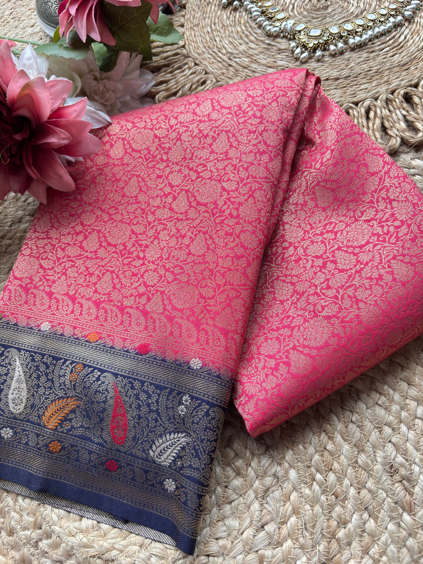 Pink Banarasi Kanchipuram Silk Saree with Green Zari Border