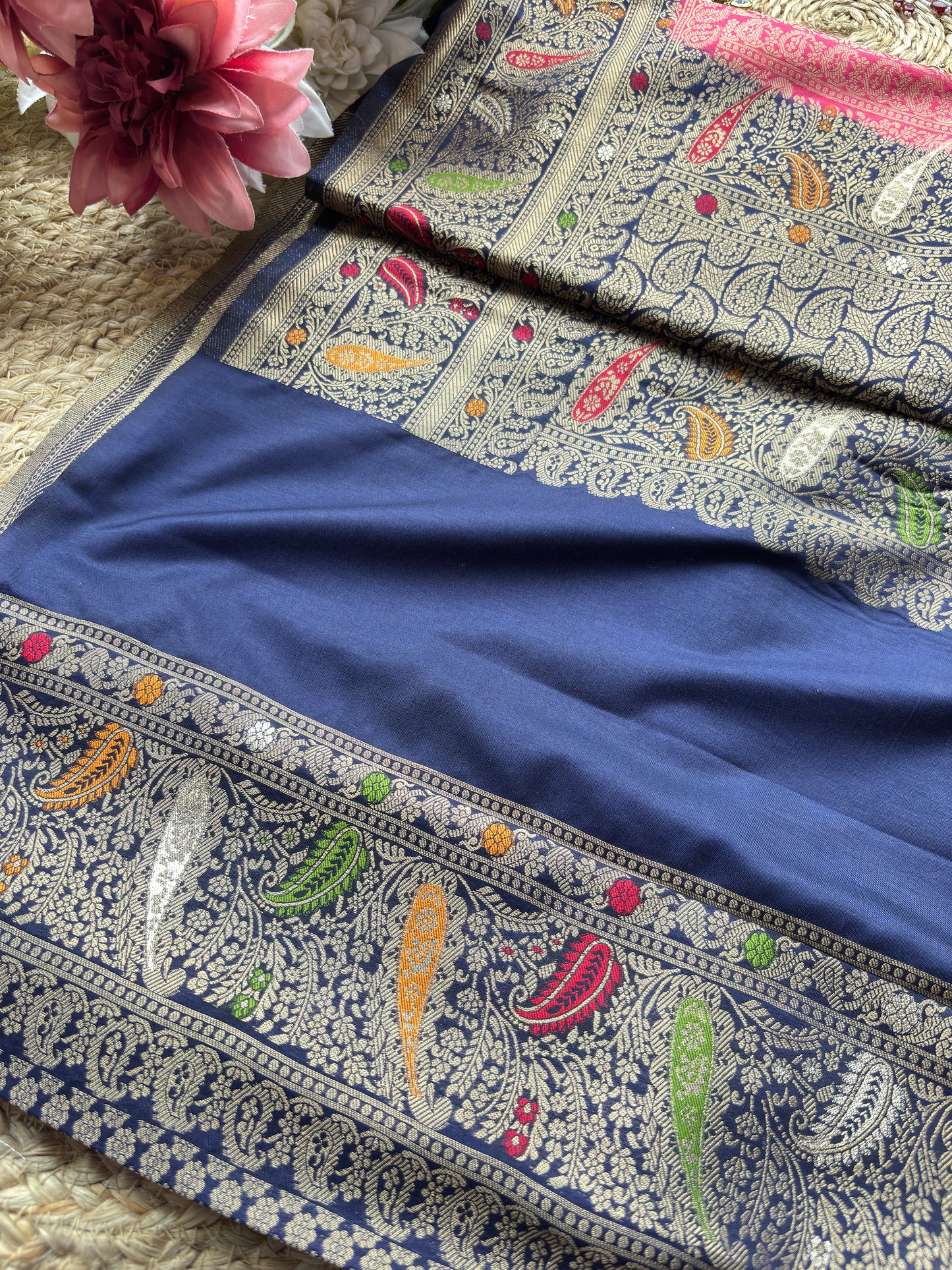 Pink Banarasi Kanchipuram Silk Saree with Green Zari Border