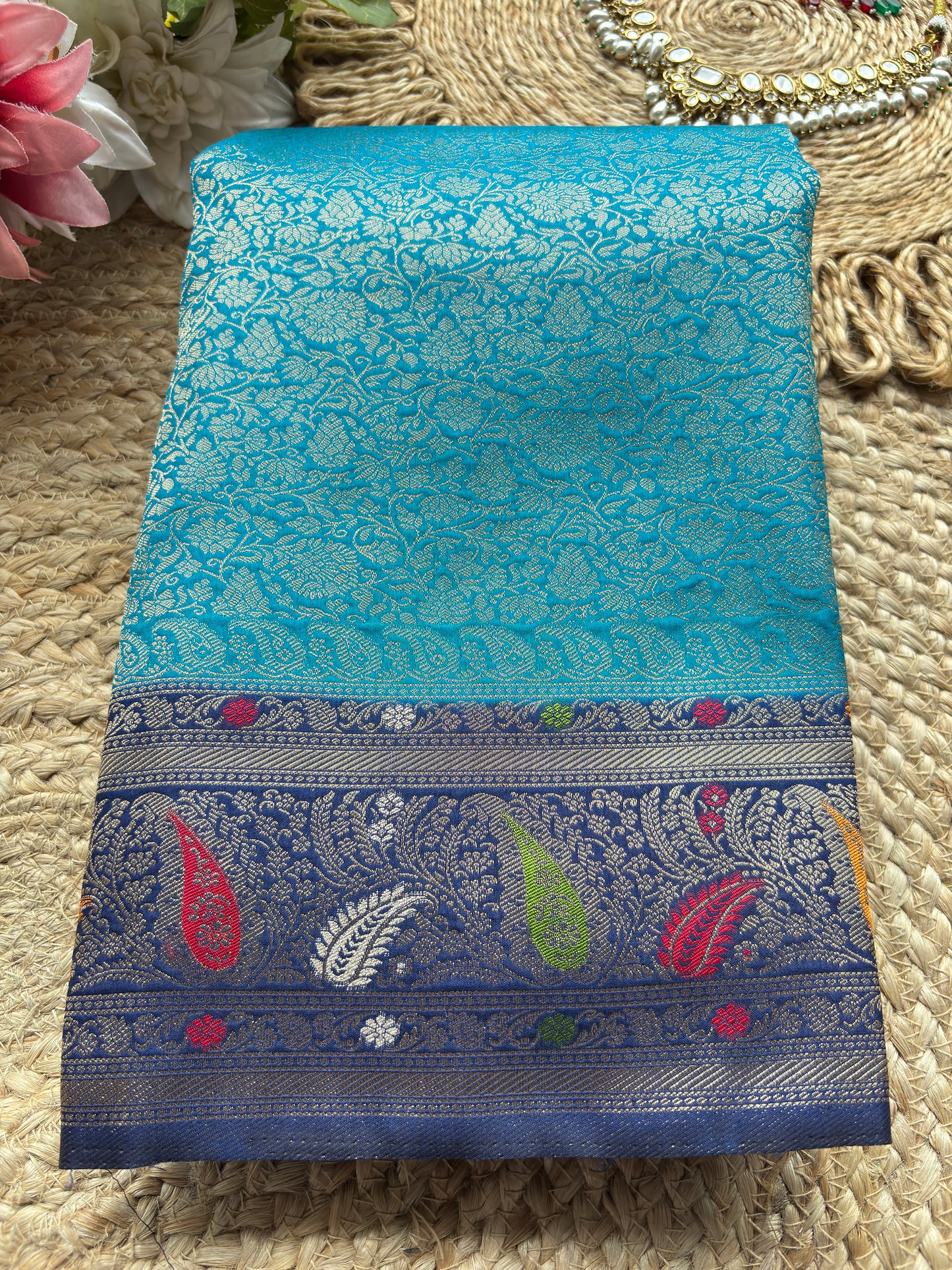Turquoise Banarasi Kanchipuram Silk Saree with Green Zari Border