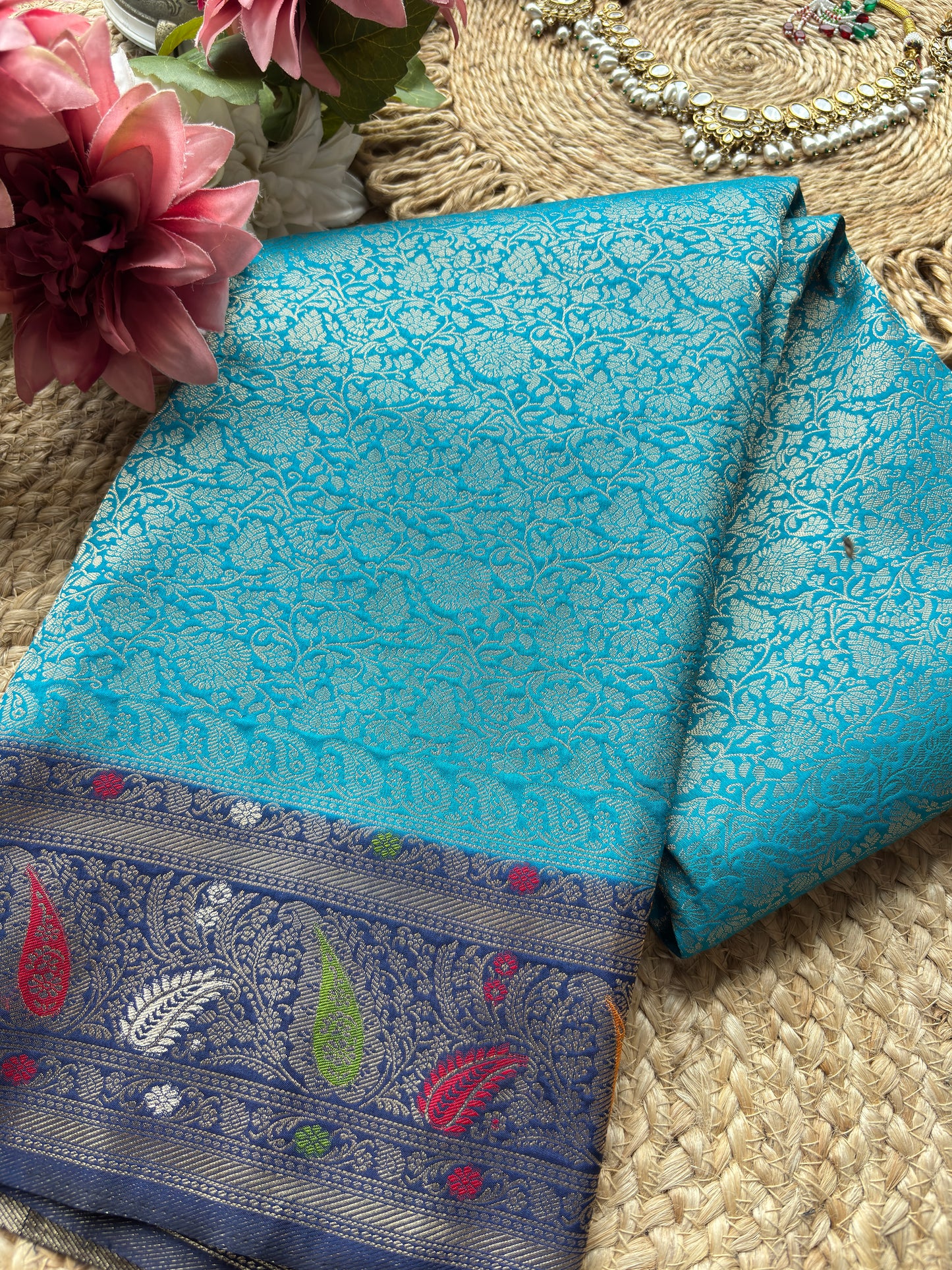 Turquoise Banarasi Kanchipuram Silk Saree with Green Zari Border