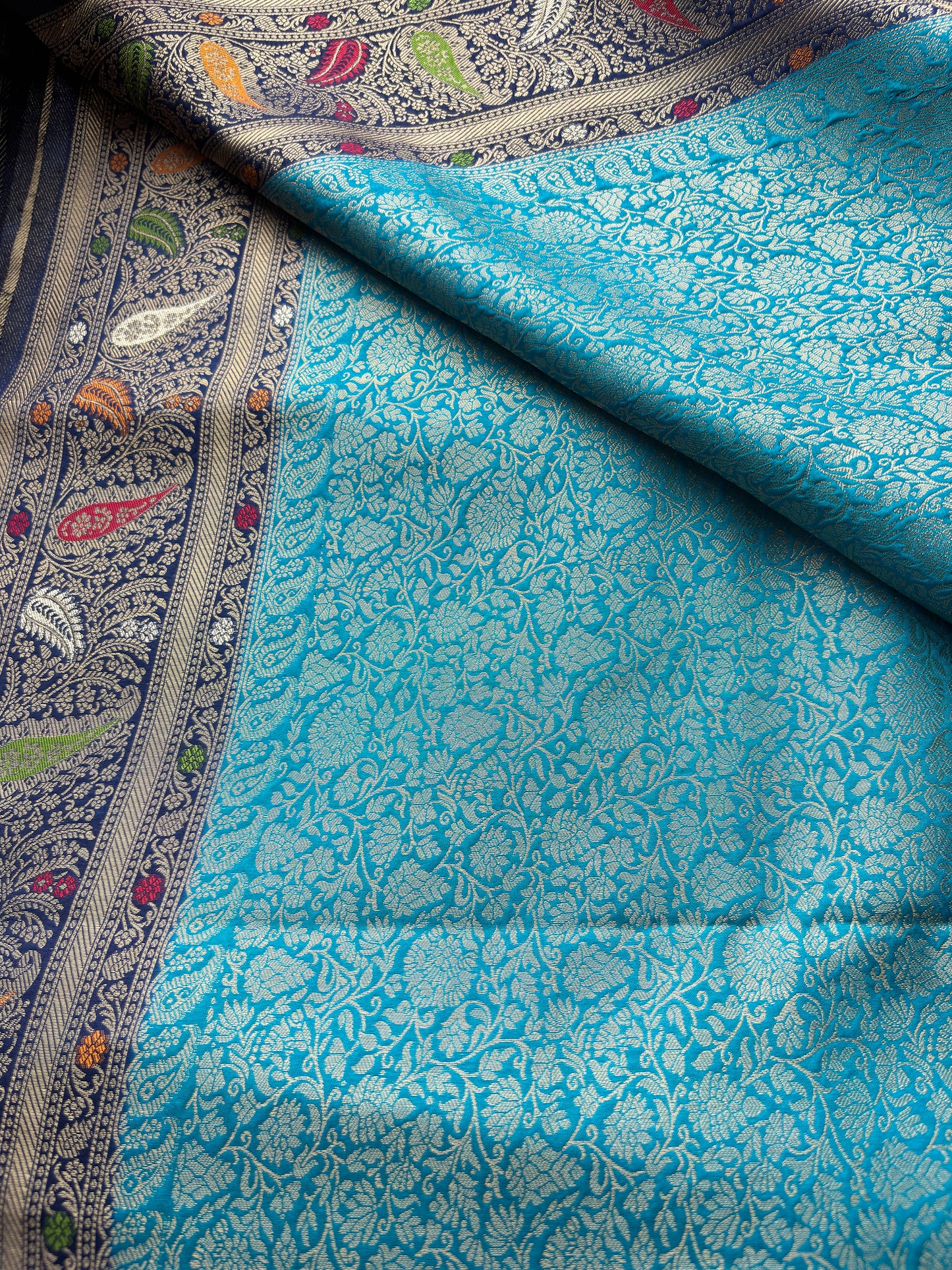Turquoise Banarasi Kanchipuram Silk Saree with Green Zari Border