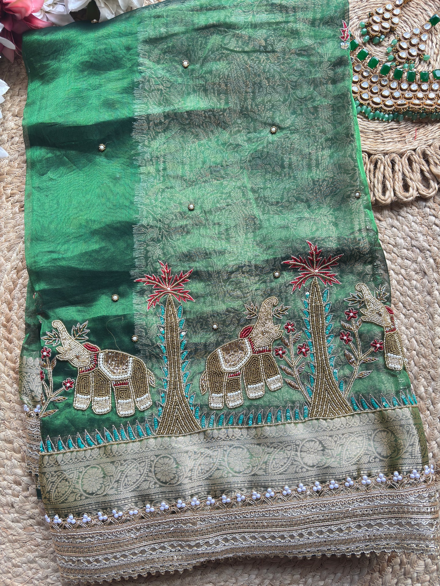 Gajgamini Saree with Elephant Embroidery & Pearl Border Festive Saree
