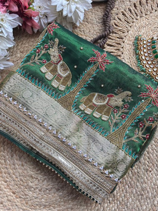 Gajgamini Saree with Elephant Embroidery & Pearl Border Festive Saree