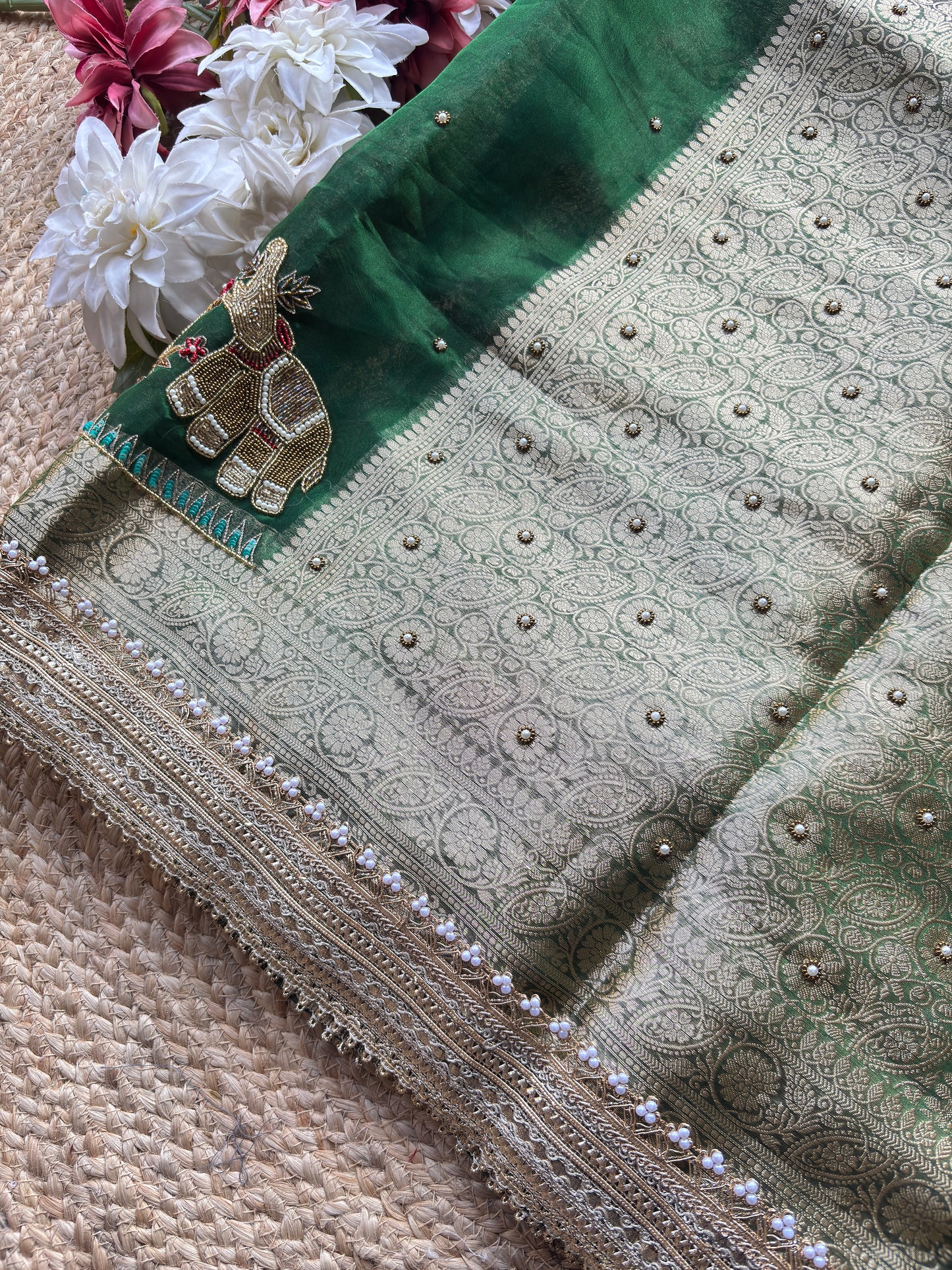 Gajgamini Saree with Elephant Embroidery & Pearl Border Festive Saree