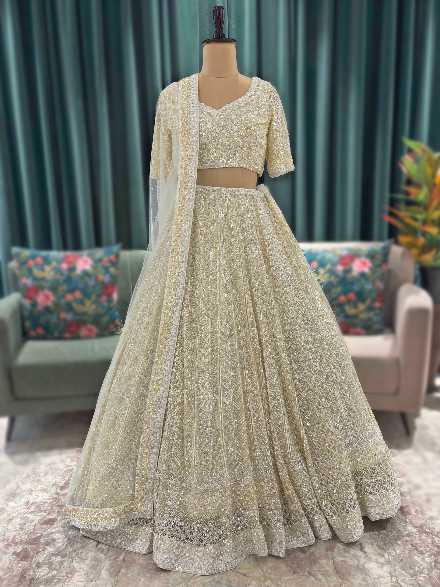 Heavy Embroidered Lehenga with Half-Sleeve Blouse & Net Dupatta