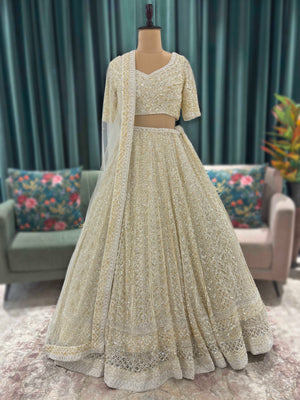 Heavy Embroidered Lehenga with Half-Sleeve Blouse & Net Dupatta