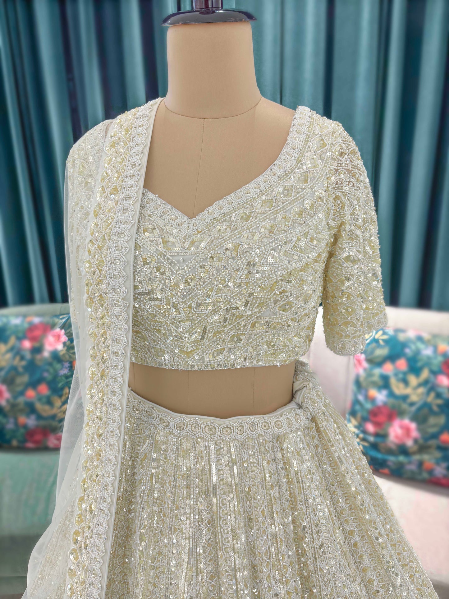 Heavy Embroidered Lehenga with Half-Sleeve Blouse & Net Dupatta
