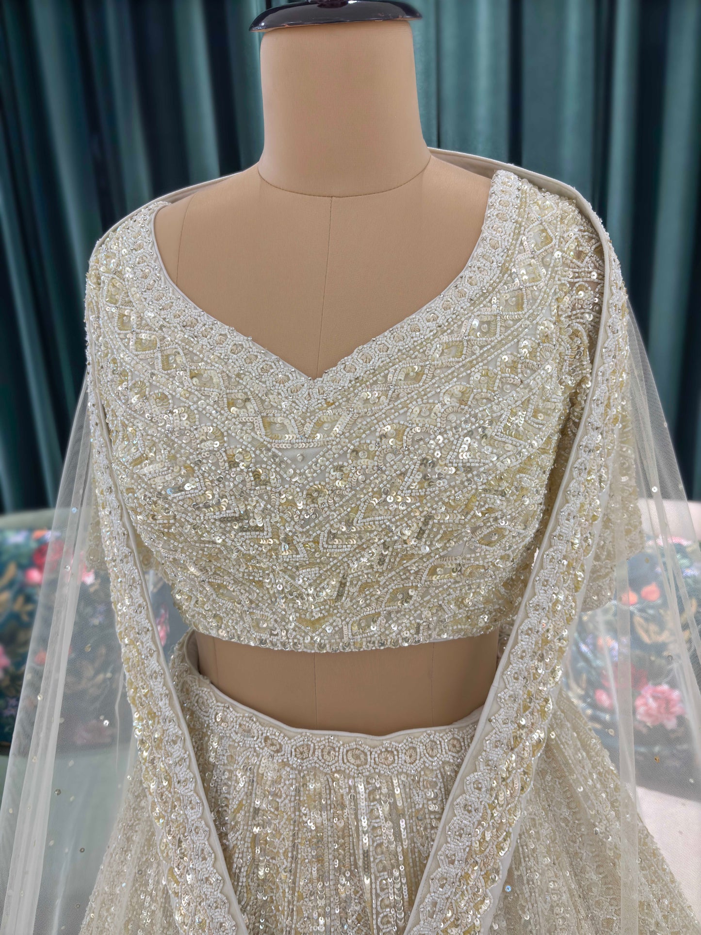 Heavy Embroidered Lehenga with Half-Sleeve Blouse & Net Dupatta