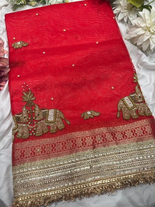 Red Colour Gajraj Maharani Saree With zari border