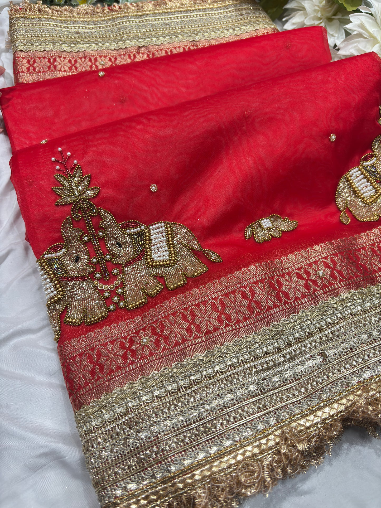 Red Colour Gajraj Maharani Saree With zari border