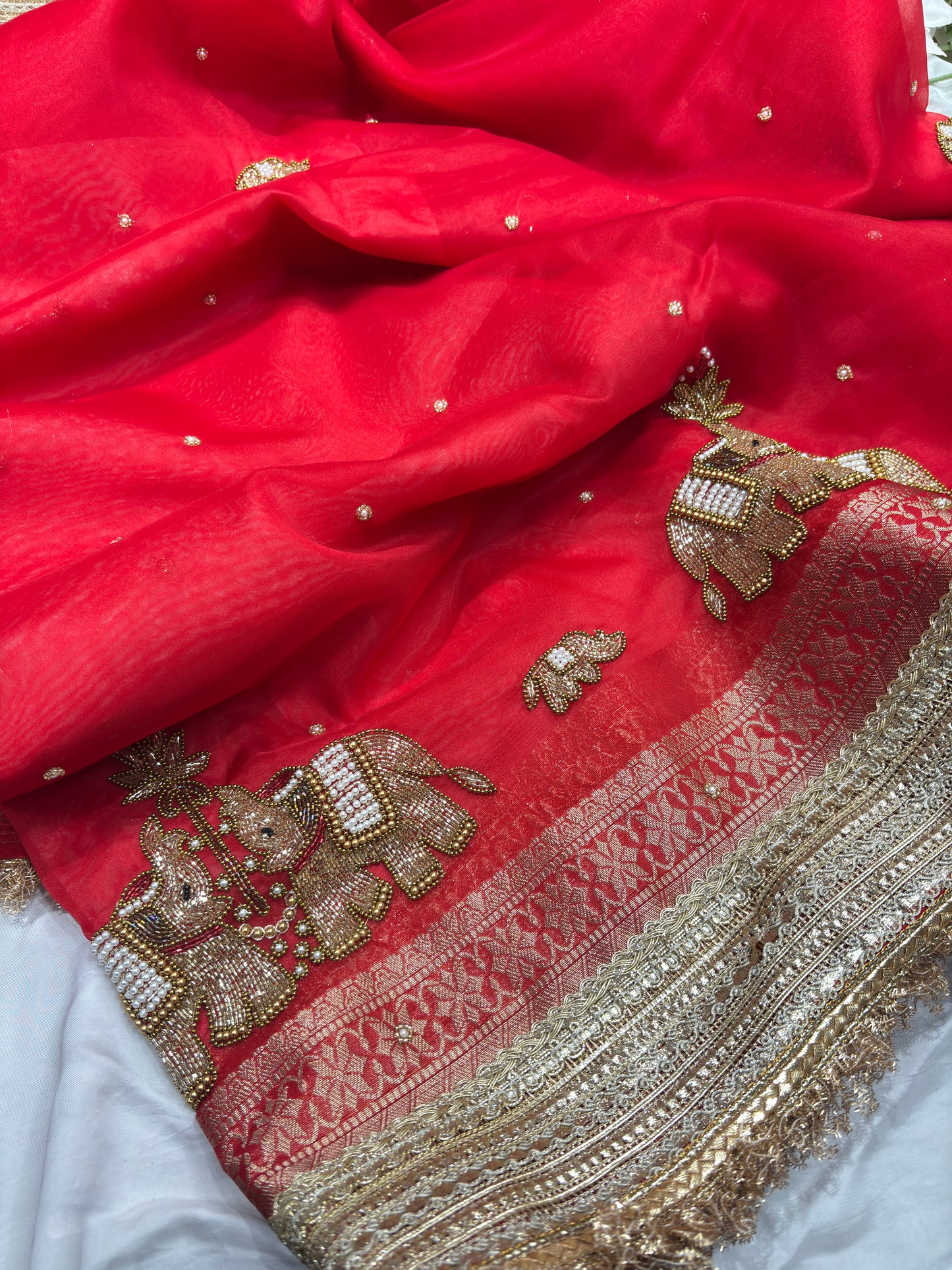 Red Colour Gajraj Maharani Saree With zari border