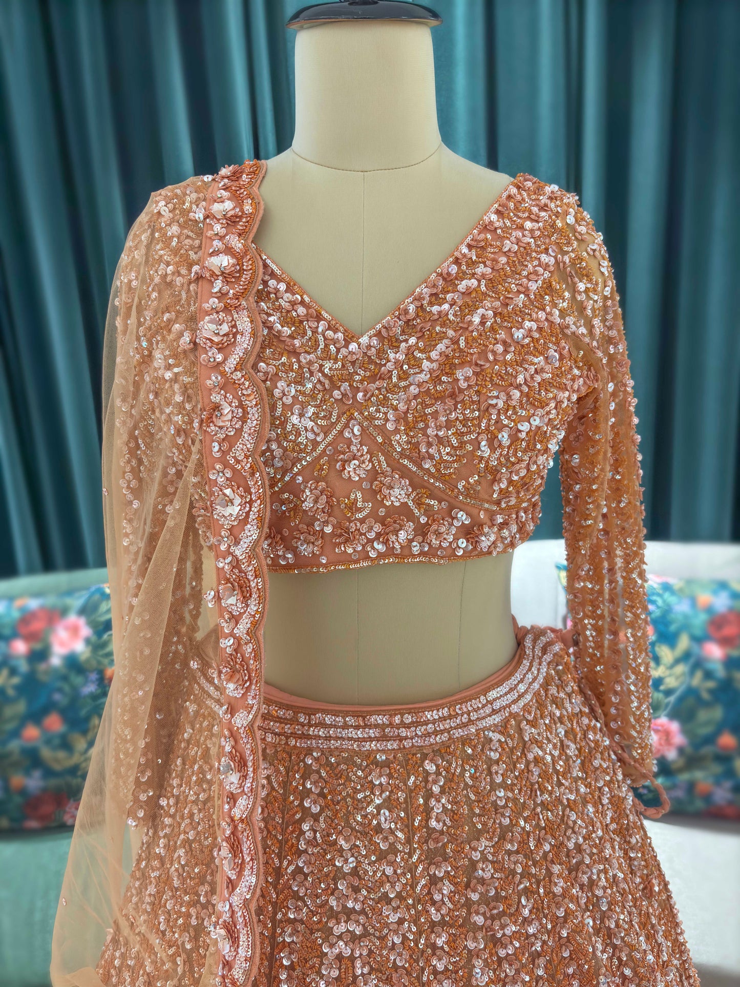 Orange Heavy Sequin Embroidered Lehenga with Full-Sleeve Blouse