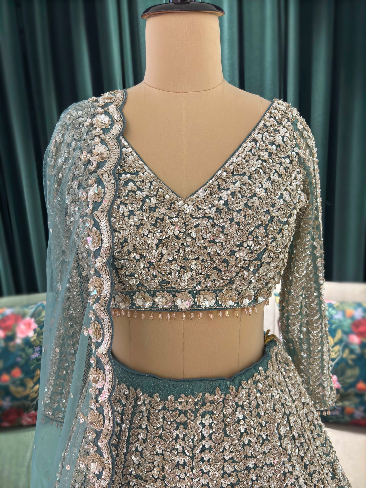 Embroidered Non-Bridal Lehenga with Full-Sleeve Blouse & Net Dupatta