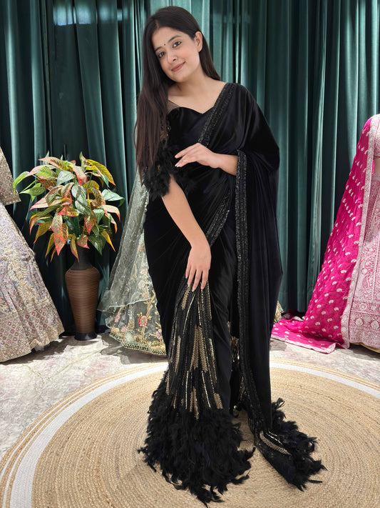 Elegance Saree With Feather Accents And Sequin Embellishments