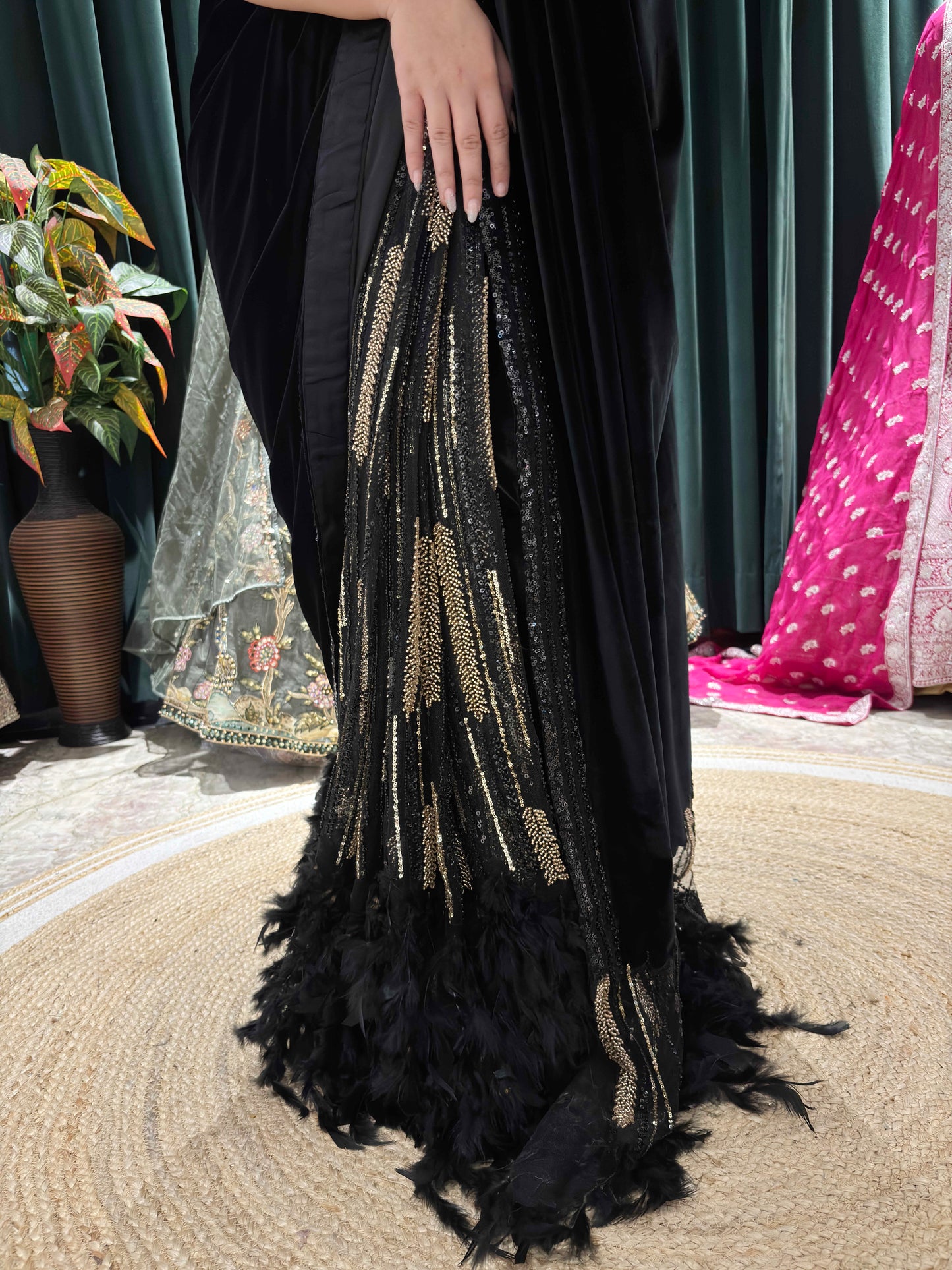 Elegance Saree With Feather Accents And Sequin Embellishments