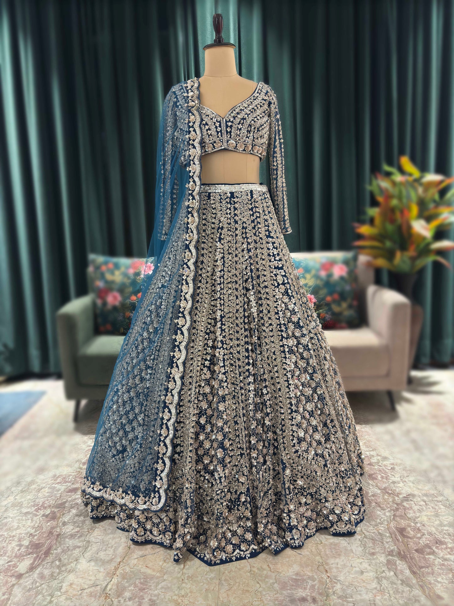 Blue Embroidered Lehenga with Full-Sleeve Blouse & Net Dupatta