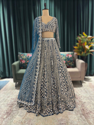Blue Embroidered Lehenga with Full-Sleeve Blouse & Net Dupatta