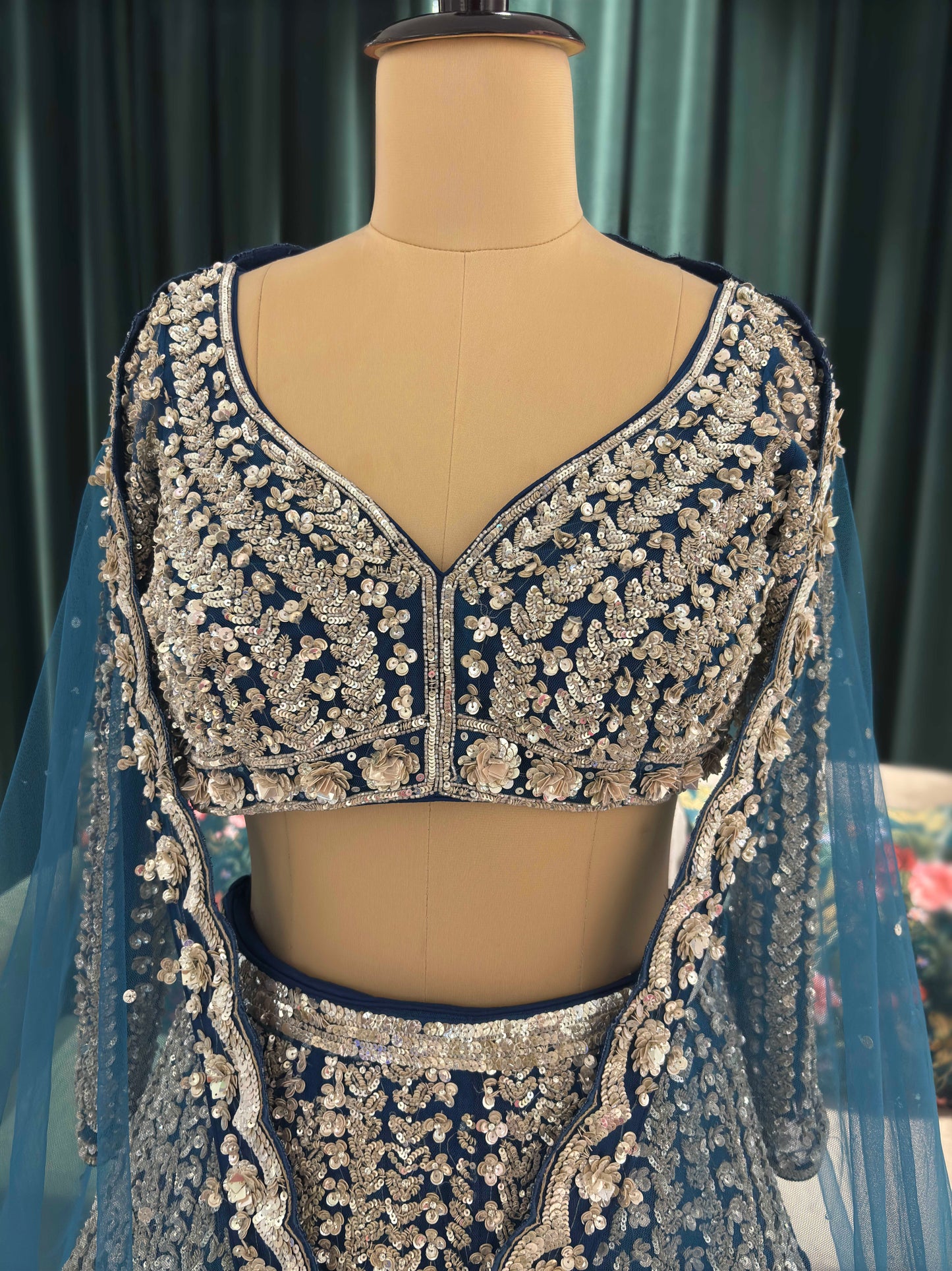 Blue Embroidered Lehenga with Full-Sleeve Blouse & Net Dupatta