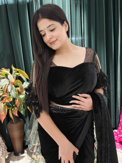 Elegance Saree With Feather Accents And Sequin Embellishments