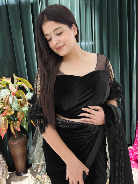 Elegance Saree With Feather Accents And Sequin Embellishments