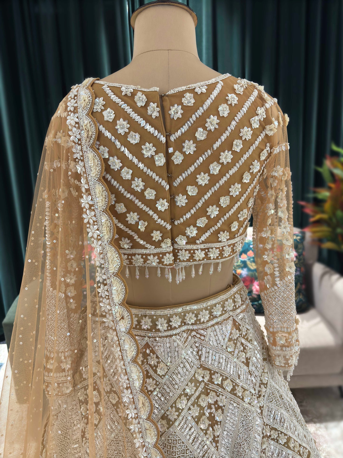 Ivory Gold Embroidered Designer Lehenga Set with Sheer Dupatta