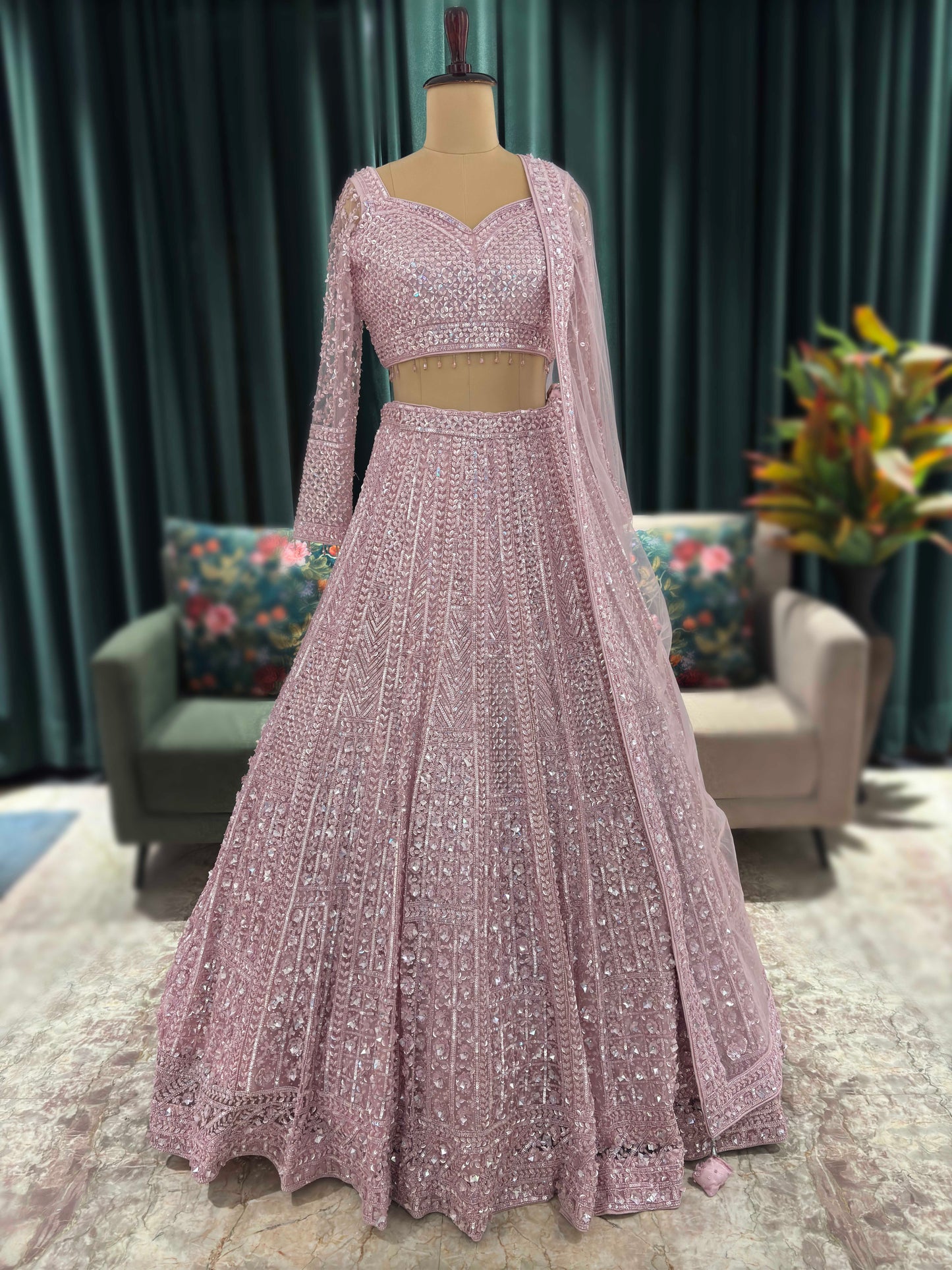 Rose Quartz Lehenga With Handcrafted Mirror Embroidery