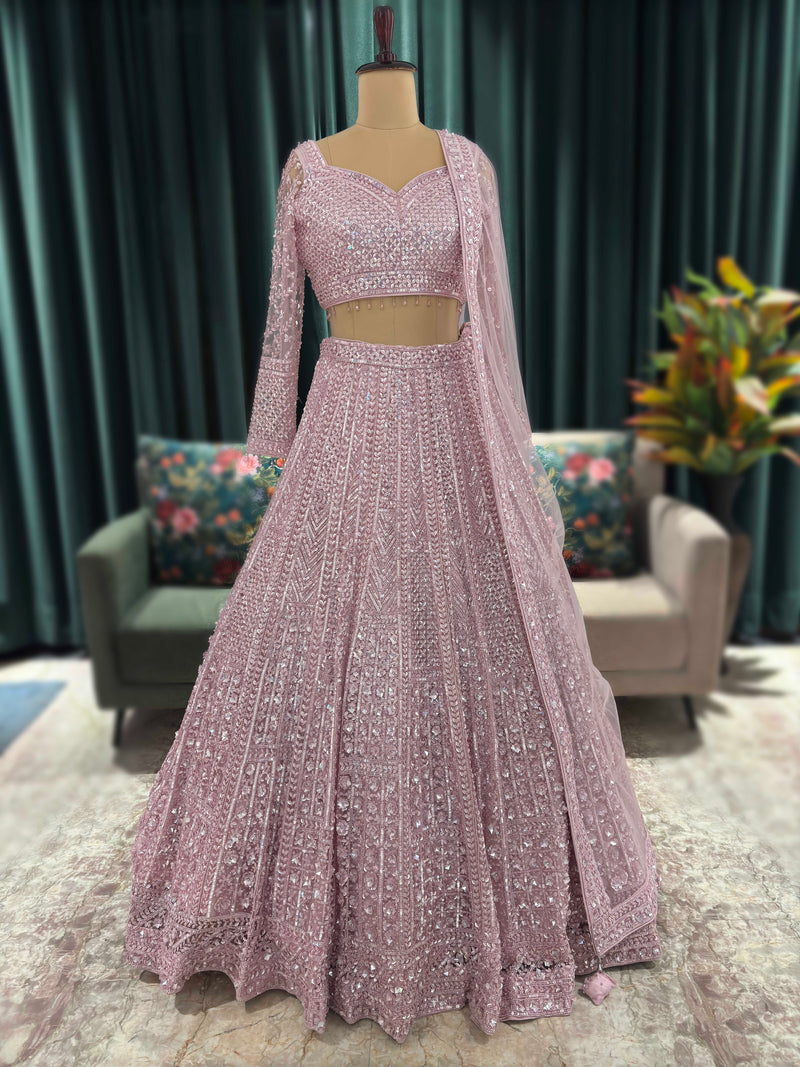 Rose Quartz Lehenga With Handcrafted Mirror Embroidery