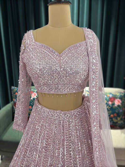 Rose Quartz Lehenga With Handcrafted Mirror Embroidery